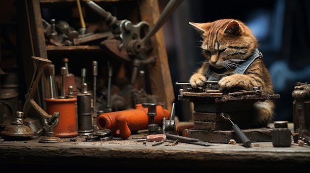 Foto um gato em uma bancada de trabalho em miniatura como se fosse um fundo de construção