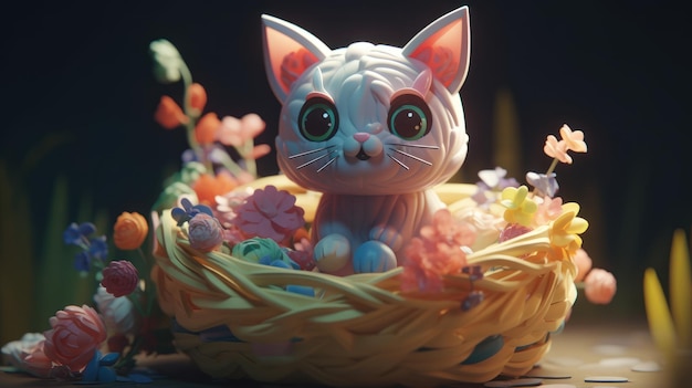 Um gato em uma cesta com flores