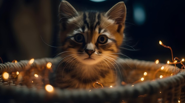 Um gato em uma cesta com luzes acesas