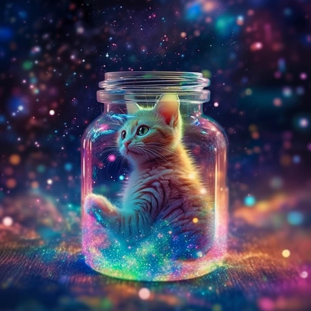 Um gato em uma jarra com um ambiente de galáxia inverno primavera vento arco-íris uma pitada de purpurina comestível