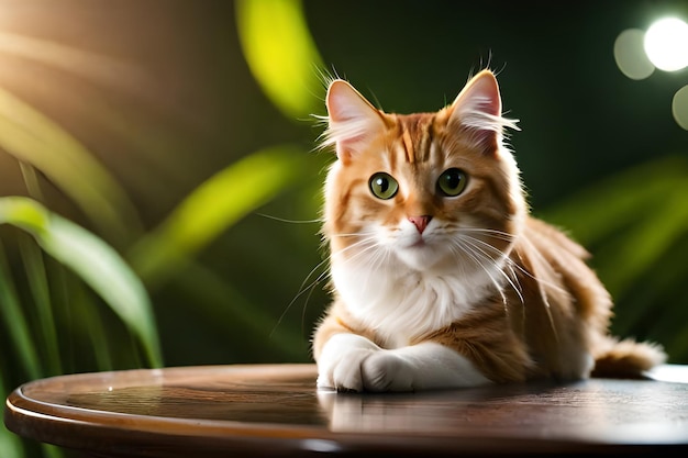 Um gato em uma mesa com folhas verdes atrás dele