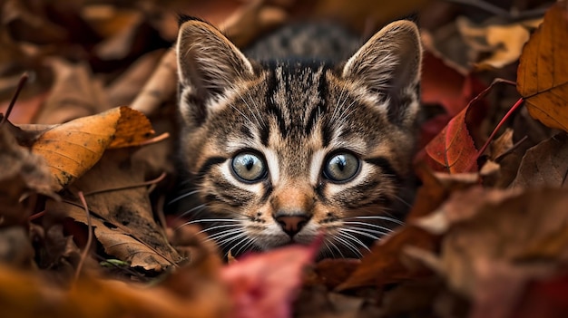 Um gato em uma pilha de folhas