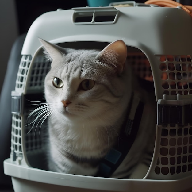 Um gato em uma transportadora em uma recepção em uma clínica veterinária em uma estação de trem ou no aeroporto com