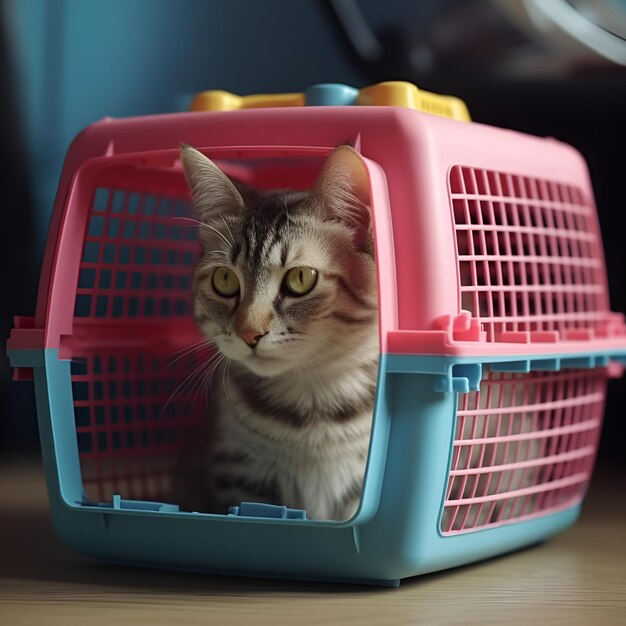 Um gato em uma transportadora em uma recepção em uma clínica veterinária em uma estação de trem ou no aeroporto com