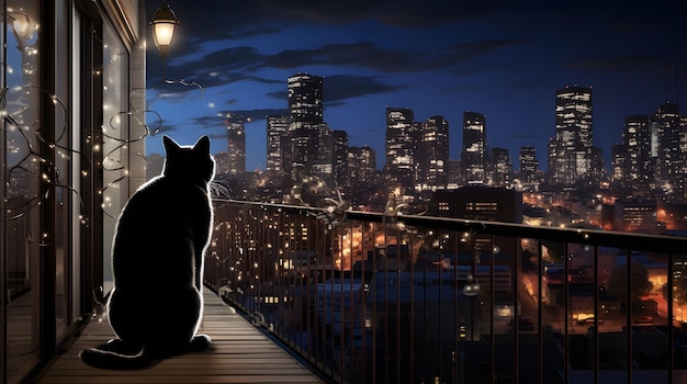 Um gato em uma varanda com vista para uma paisagem urbana movimentada à noite