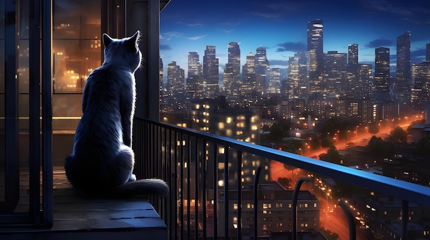 Um gato em uma varanda com vista para uma paisagem urbana movimentada à noite