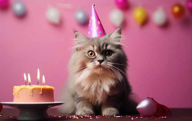 Um gato encantador vestindo um chapéu festivo e segurando um balão de aniversário Generative Ai