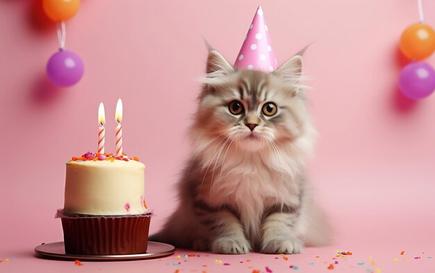 Um gato encantador vestindo um chapéu festivo e segurando um balão de aniversário Generative Ai