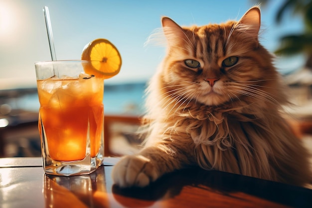 Um gato engraçado a desfrutar de coquetéis no bar Generative Ai