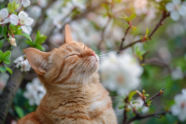 Um gato engraçado a desfrutar do início da primavera florescente.