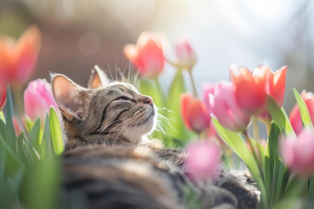 Um gato engraçado a desfrutar do início da primavera florescente.