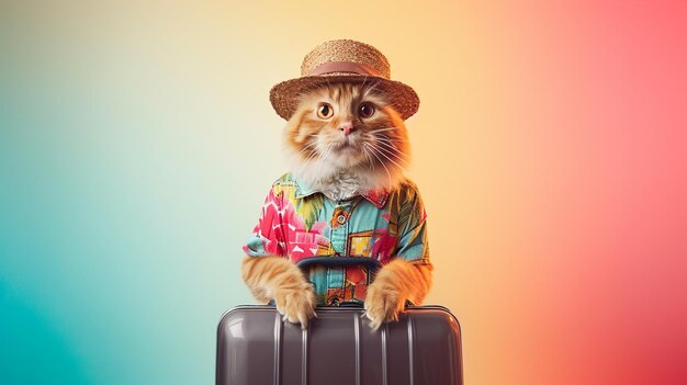 um gato escocês vermelho sorridente vestindo uma camisa e chapéu turístico carregando uma grande mala Generative Ai