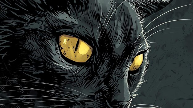 Um gato escuro e misterioso com olhos amarelos brilhantes A pele do gato é preta como a noite