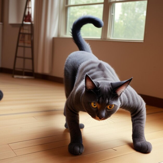 Foto um gato está andando em um chão de madeira e está olhando para cima