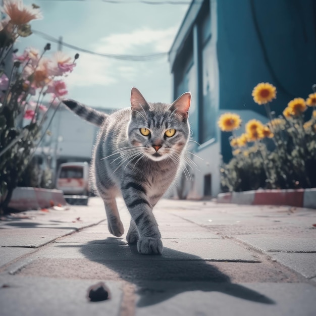 Um gato está andando em uma calçada de tijolos com flores ao fundo.
