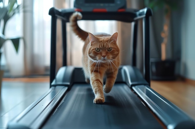 Um gato está andando em uma esteira O gato está olhando para a câmera