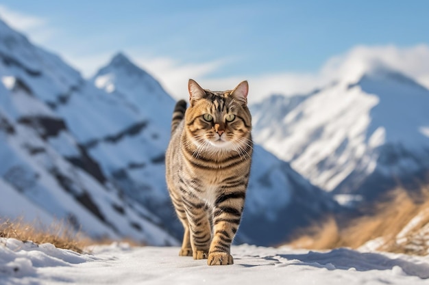 um gato está andando em uma montanha nevada