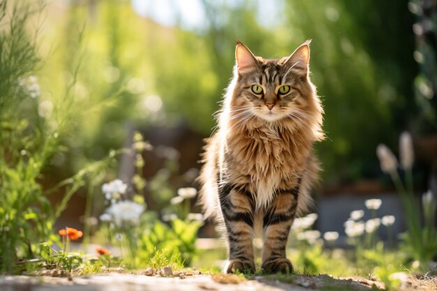 um gato está andando na grama perto de flores