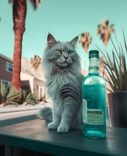 Um gato está ao lado de uma garrafa com um líquido azul.