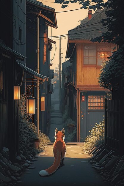 um gato está caminhando por uma rua em um beco escuro