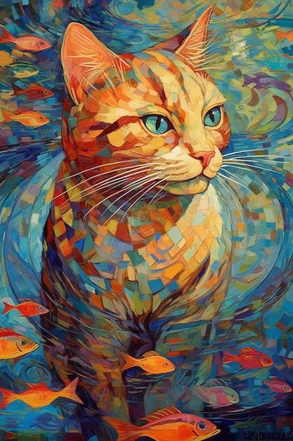 Um gato está cercado por peixes e uma pintura de um gato.