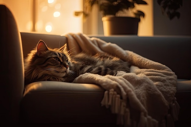 Foto um gato está cochilando em um sofá com roupas de lã confortáveis e iluminação led projeto de fim de semana para uma vista alta no outono ou inverno