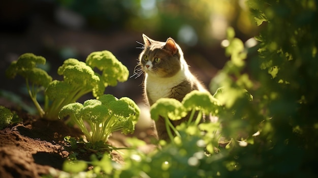 Um gato está de pé na sujeira perto de algumas plantas ai
