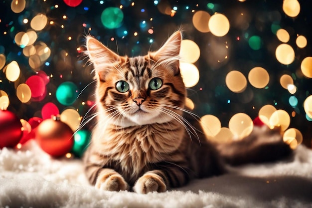 um gato está deitado em um cobertor com luzes de Natal atrás dele