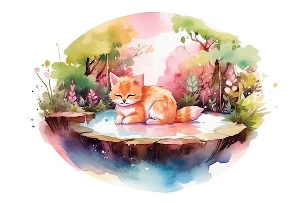 Um gato está deitado em um lago em uma floresta.
