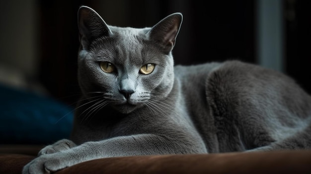 Um gato está deitado em uma cama com os olhos abertos e a palavra gato no canto inferior direito.