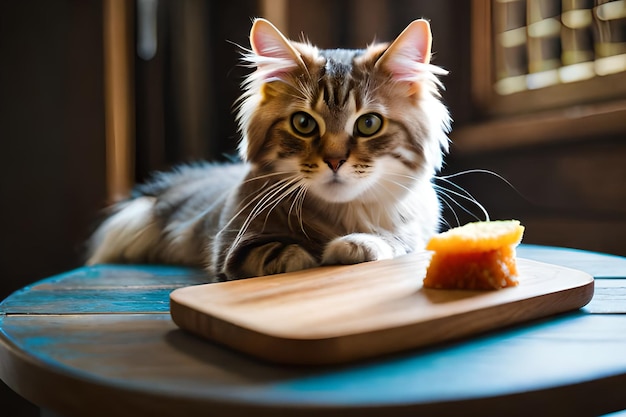 Um gato está deitado em uma mesa com uma tábua de corte.