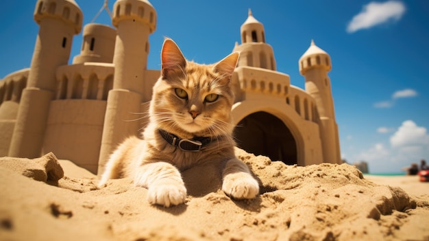 um gato está deitado na areia em frente a um castelo.