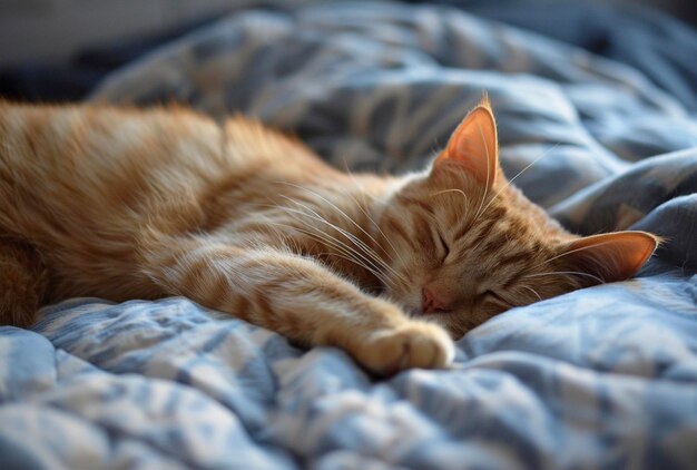 Foto um gato está dormindo em um cobertor azul e branco