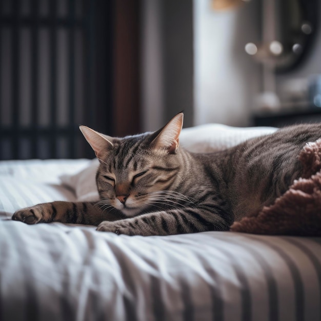 Um gato está dormindo em uma cama com um cobertor.