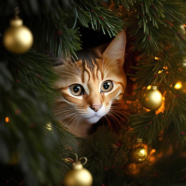 Um gato está em uma árvore de natal com luzes acesas.