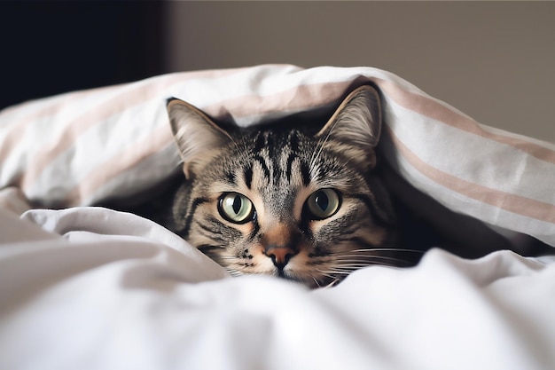 Um gato está escondido debaixo de um cobertor.