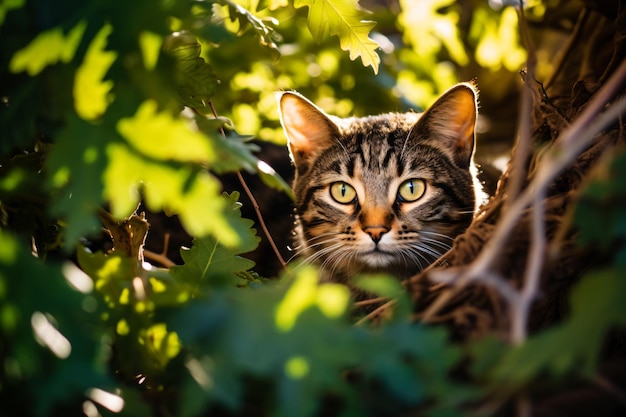 um gato está escondido nos arbustos