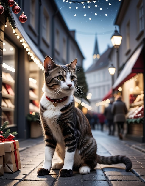 Um gato está fazendo compras na rua.