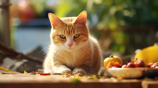 Foto um gato está gostando de comer sua comida na mesa