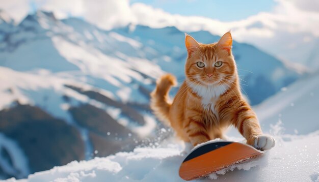 Um gato está montando uma prancha de neve em uma montanha por uma imagem gerada por AI