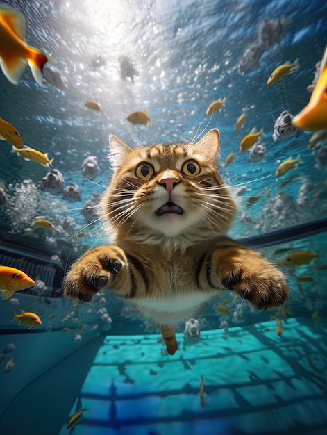 um gato está nadando em um tanque com peixes nadando ao redor dele