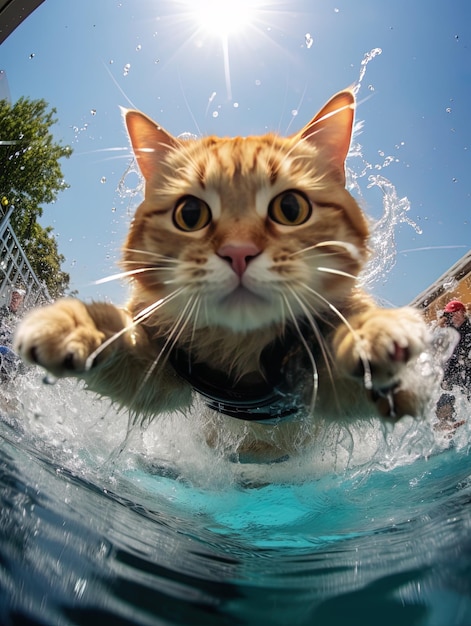 um gato está nadando na água com uma camisa que diz gato