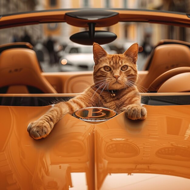 Um gato está no capô de um carro com a letra b nele