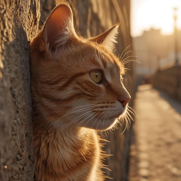 um gato está olhando para fora de uma parede com o sol brilhando sobre ele