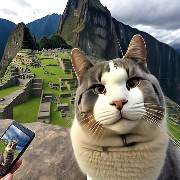 Foto um gato está olhando para um telefone com uma pessoa segurando um telefone