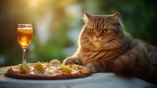 Um gato está olhando para uma pizza em uma mesa.