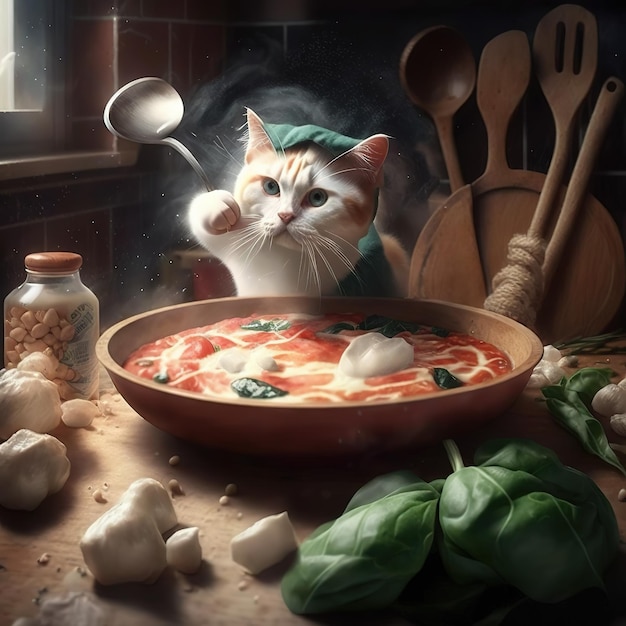 Um gato está parado ao lado de uma tigela de comida com uma colher.