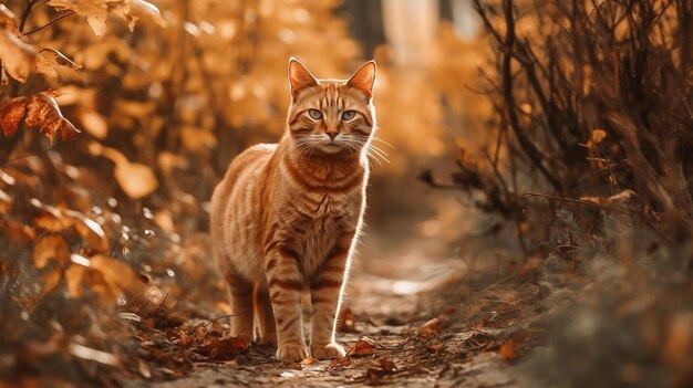 Um gato está parado na floresta e olhando para cima.