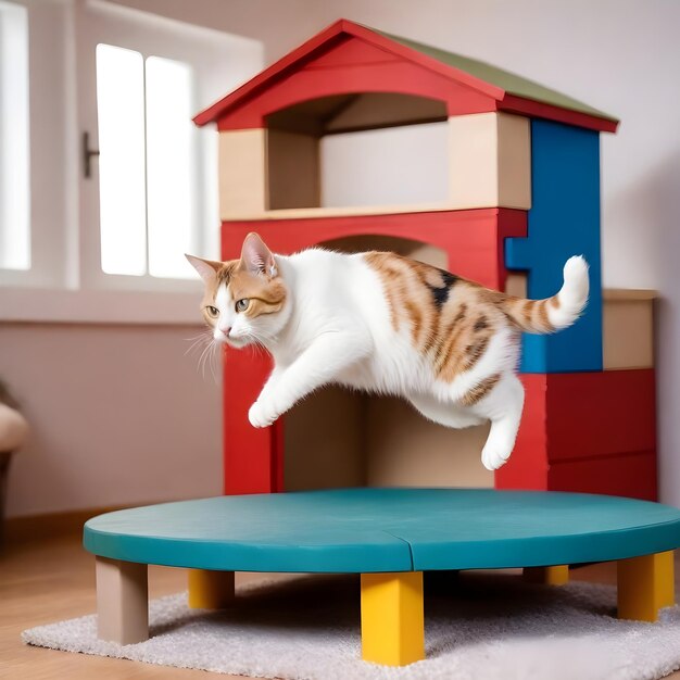 um gato está pulando sobre uma mesa com uma casa azul e vermelha