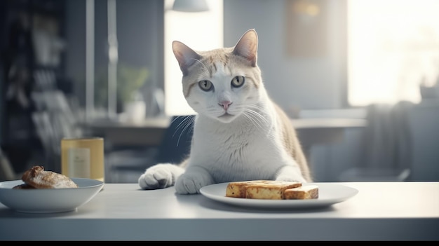 Um gato está sentado à mesa com uma torrada.